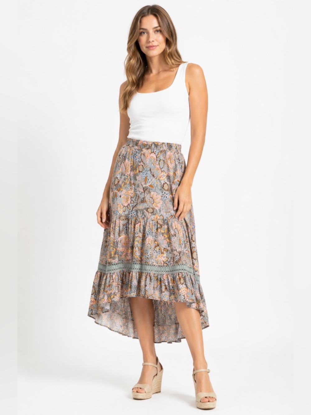Suzy Shier Multi-Color Paisley Tiered High-Low Maxi Skirt